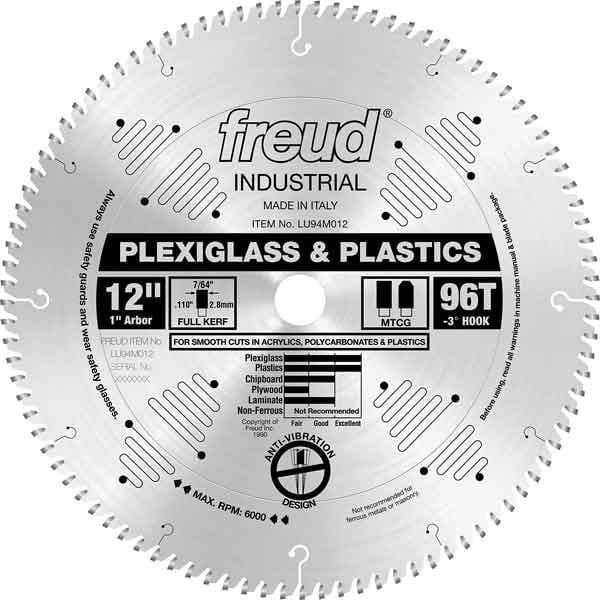 LU94M012 Industrial Plastic Blade for Plexiglass/Acrylics, 12" diamter, 1" arbor, 96 teeth TCG